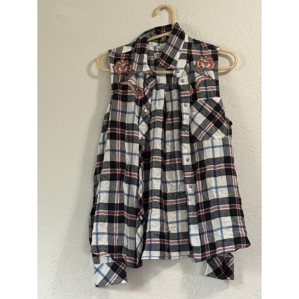 Tillys IDYLLWIND Plaid Cold Shoulder Floral Embroidered Snap Front Shirt XS